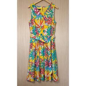 Talbots Floral Midi Dress Womens Size 12P Petite Pockets Belt Birds Tropical